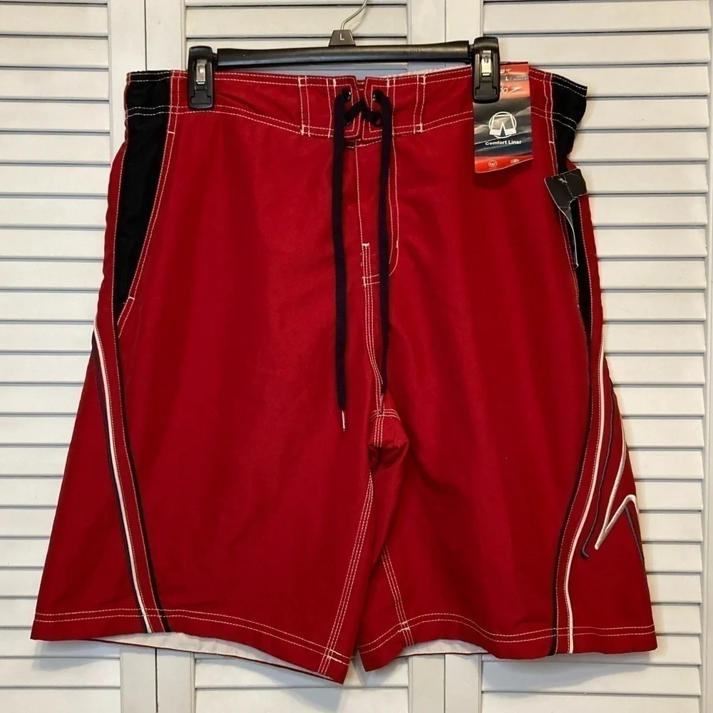 NWT Mens Speedo Red And Black Swim Trunks Size Large